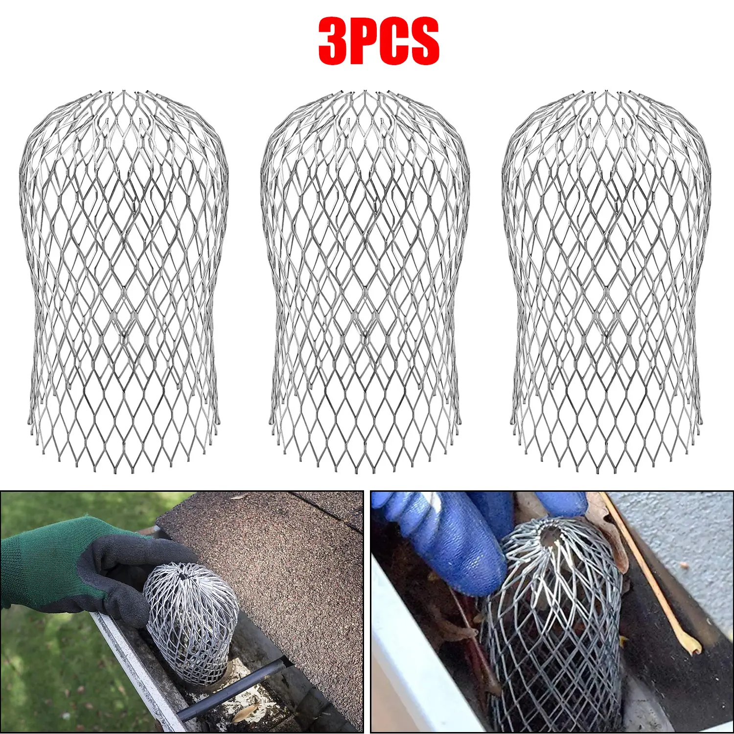 3 Pack Gutter Downspout Strainer Guards, Rustproof Expandable Aluminum Leaf Debris Filter Net, Anti-Clog Drainage Pipe Screen Prevents Leaves Rodents Clogging for Home Roof Rain Gutters