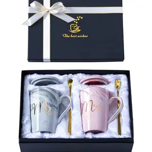 Wedding Gifts Mr And Mrs Mugs - Wedding Gifts For Bride And Groom - Gifts For Bridal Shower Engagement Wedding And Married Couples Anniversary - Ceramic Marble Cups 14 Oz Pink