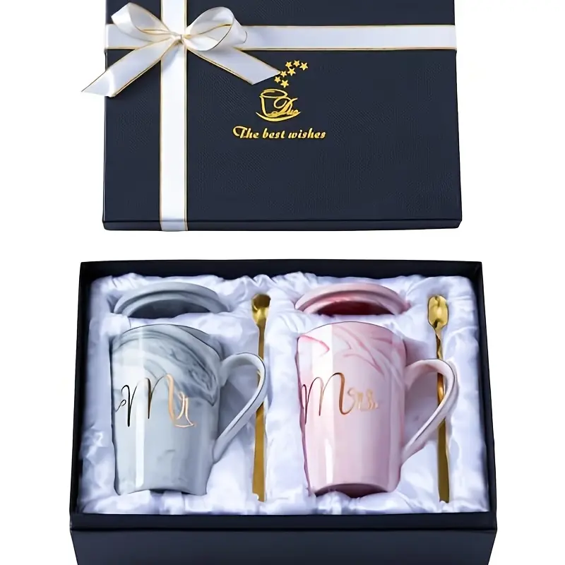 Wedding Gifts Mr And Mrs Mugs - Wedding Gifts For Bride And Groom - Gifts For Bridal Shower Engagement Wedding And Married Couples Anniversary - Ceramic Marble Cups 14 Oz Pink