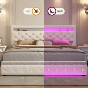Queen LED Bed Frame with 2 Storage Drawers, Smart Adjustable Crystal Tufted Headboard, No Box Spring Needed, PU Leather & Velvet