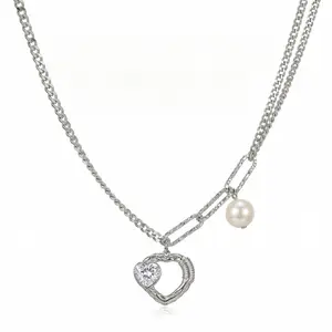 Y2K Heart & Pearl VibeStop Choker Necklace for Women Layered Chain Adjustable Length Gift for Her Sweet Cool Aesthetic Stainless Steel Zircon Charms 17.3inches + 2.3inches Extender