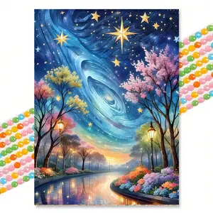 5D Full Drill Starry Sky Cherry Blossom Path Diamond Painting, Dreamy Healing Living Room Wall Art, DIY Handmade Stylish Embroidery Kit, Handmade Gifts