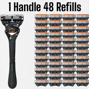 Men's Shaving Razor Stainless Blades Set, 12/36/24/48 Pieces Refills Kit with Shake Handle, Sealed packaging, waterproof and rustproof.