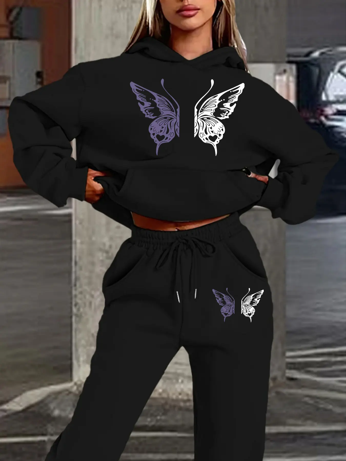 Women's Hooded Sweatshirt Set, Fall & Winter, Dual Color Butterfly Print, American Sweet Cool Style, Casual, Jogger Pants