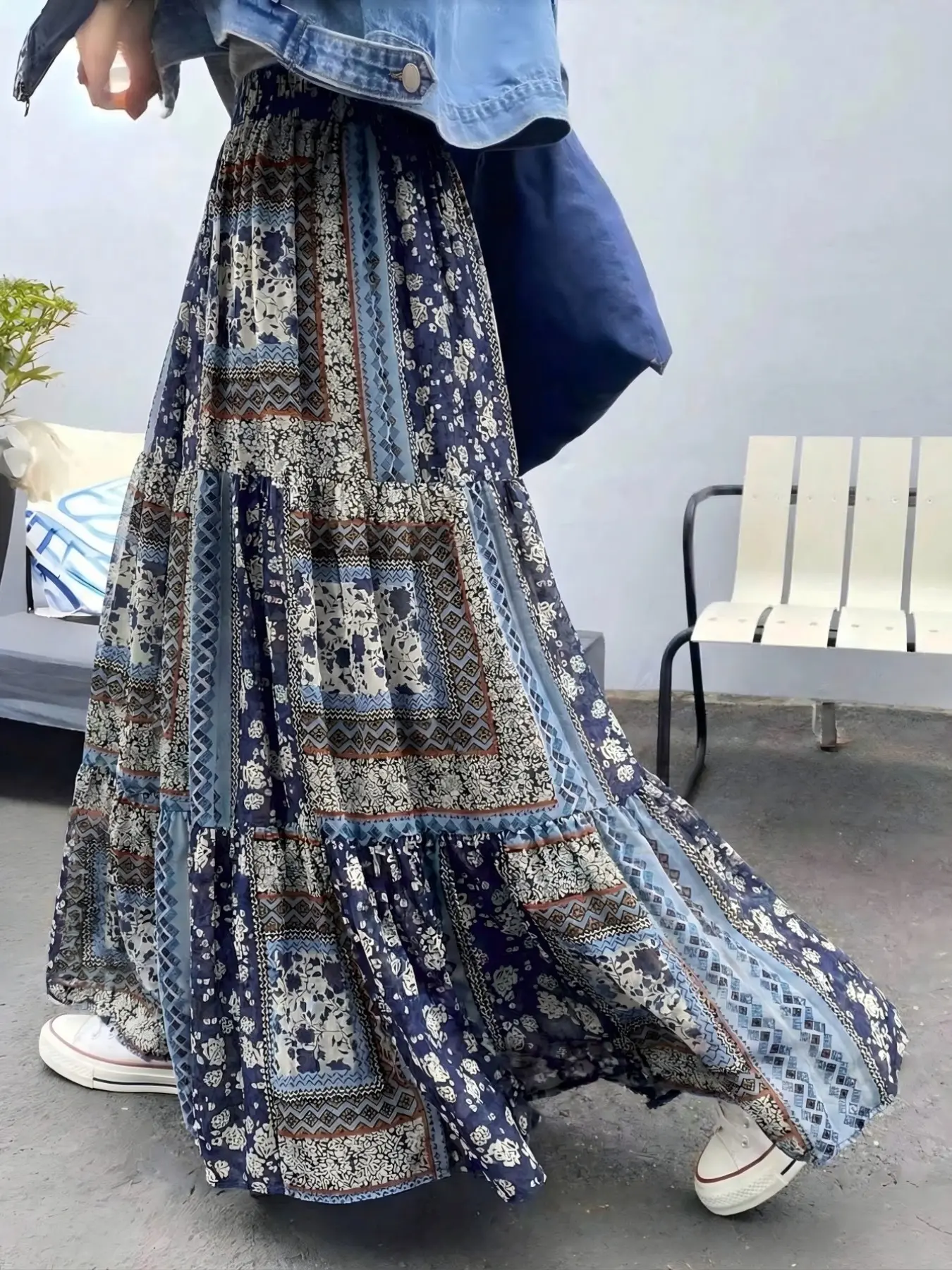 Women's Bohemian Long Midi Maxi Skirt, Boho Vintage Floral Patchwork Print, Elastic Waist Baggy Loose Flowy Dress, Stylish Chic Summer