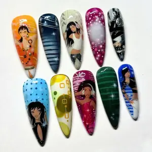 Girls' Unique Handmade Pop Art Press-On Nails - Colorful Cartoon-Themed Long Fake Nails, Artistic Custom Gift Set