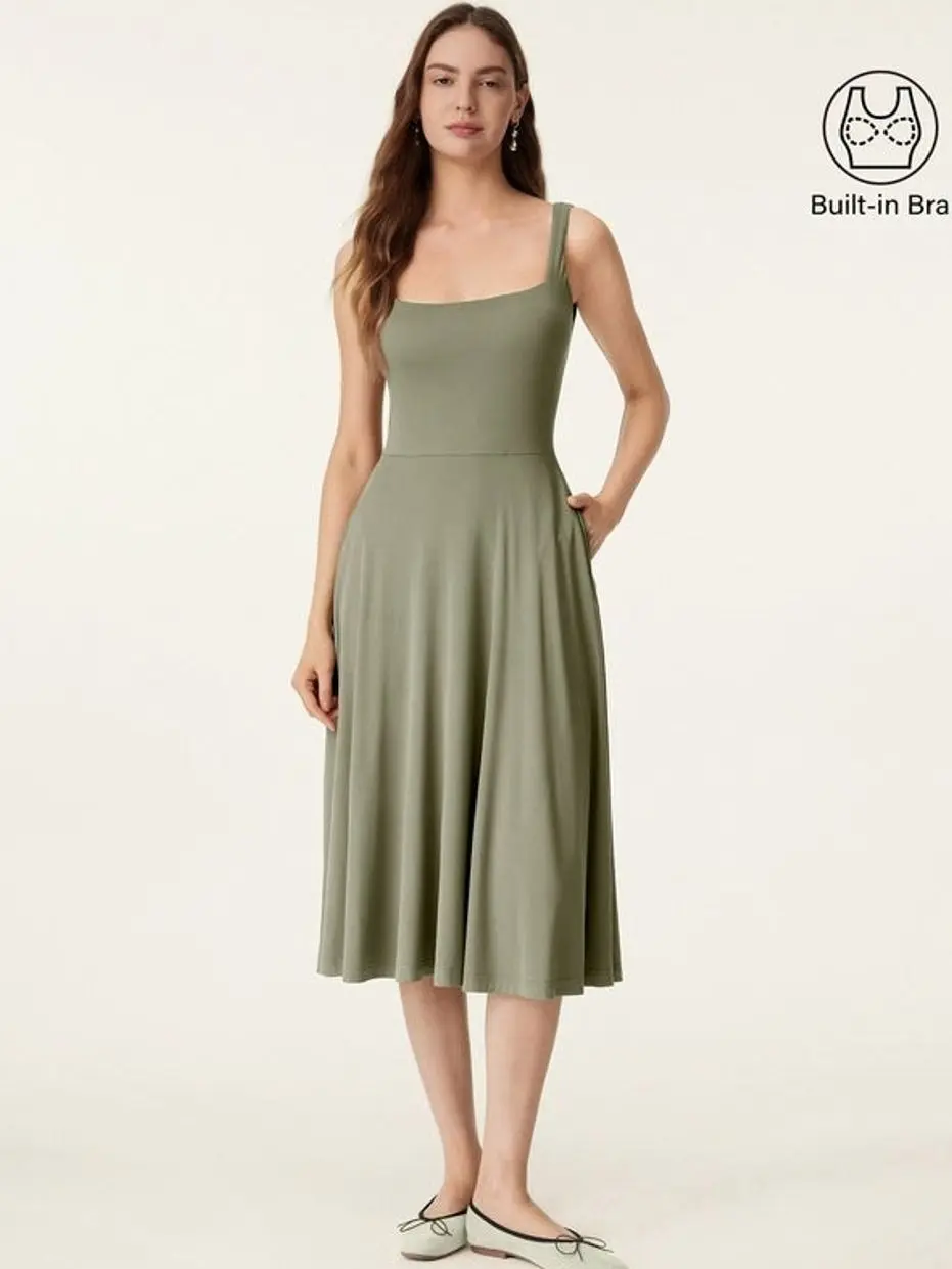 Women's Casual Square Neck Comfy Stretchy Spandex-Viscose Flowy Airy Bra Midi Dress - Tate Olive