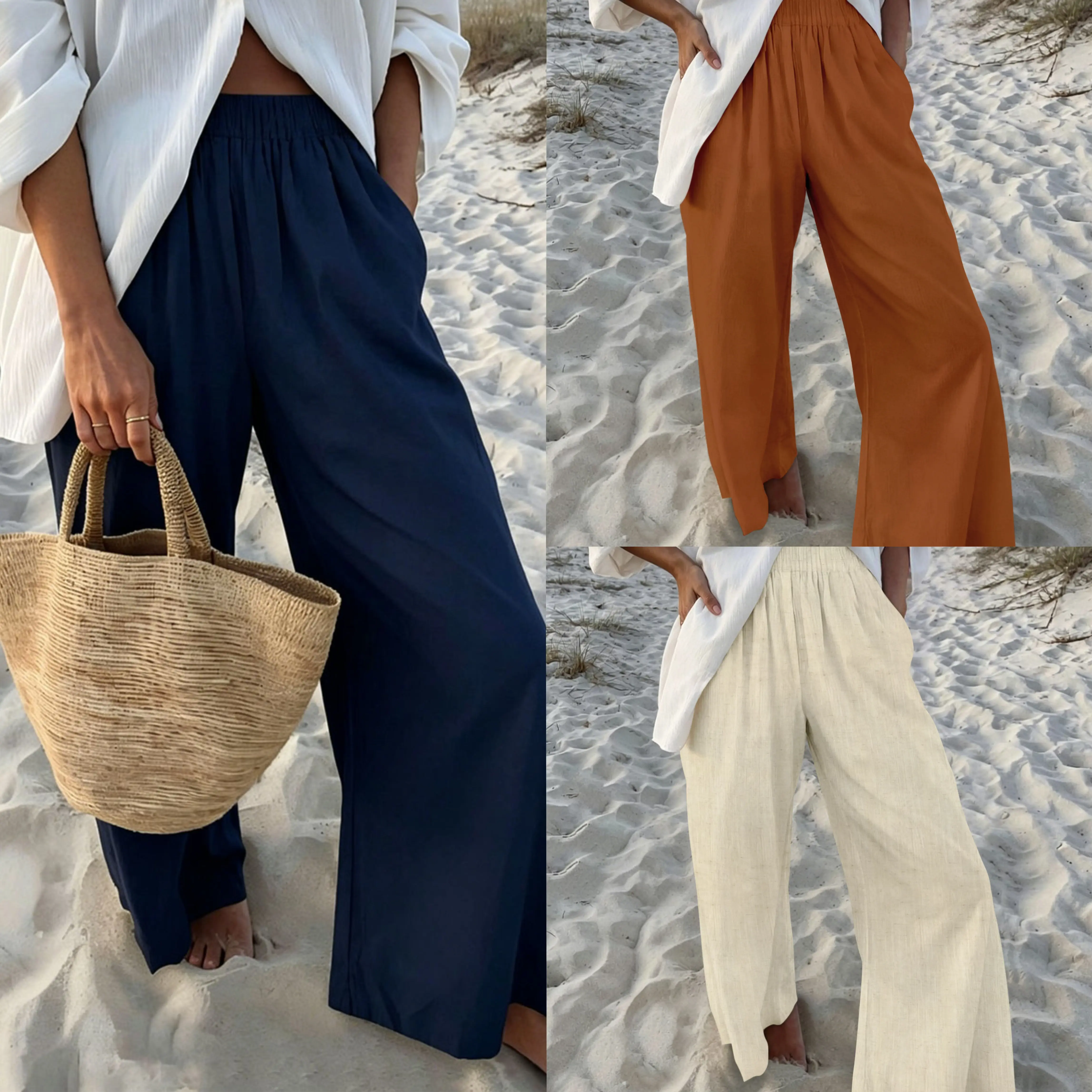 Light weight Women's Rayon-Linen Casual Wide-Leg Pants — High-Waisted, Drapey, and Breathable; Versatile Trousers for Vacation or Commuting — Available in Three Colors.