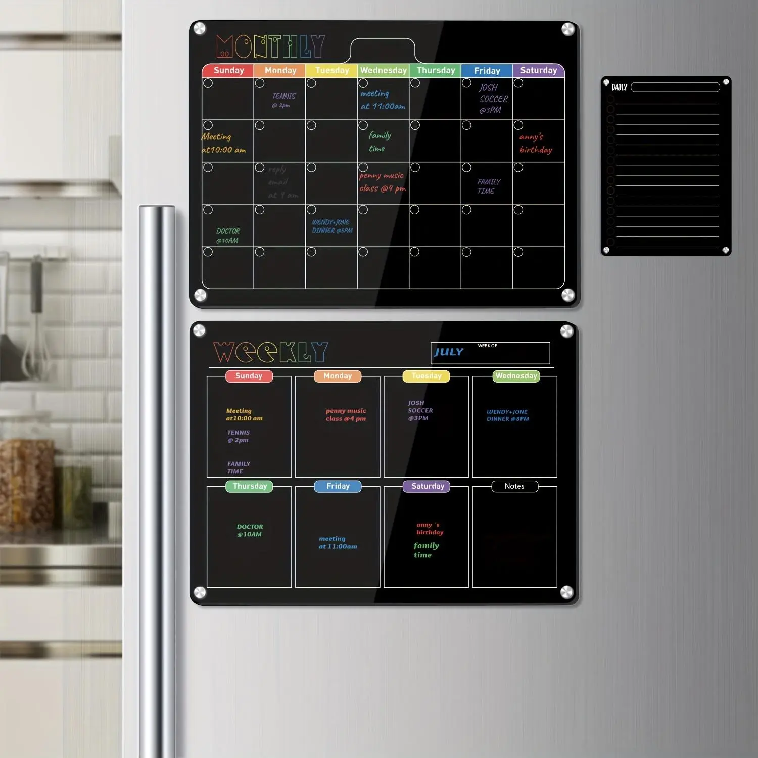 GUOBOARD 3-Pack Black 16.5x11.8" Acrylic Magnetic Dry Erase Color-Coded Planning Boards Set - Family-Friendly, Enhanced Magnet Strength, Fits Most Refrigerators, Office Stationery for Organizing on Refrigerators (Monthly/Weekly Calendars, Daily Notepad),