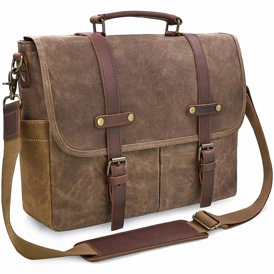 RAINSMORE Mens Messenger Bag 15.6 Inch Vintage Waxed Canvas Briefcase Large Computer Laptop Bag Rugged Satchel Shoulder Bag, Brown