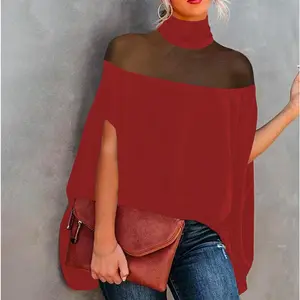 UOOZEE Women's Batwing Sleeves See-Through High-Neck Blouse Loose Fit Turtleneck Casual Everyday Wear Long Sleeve Knit Top for Minimalist Style