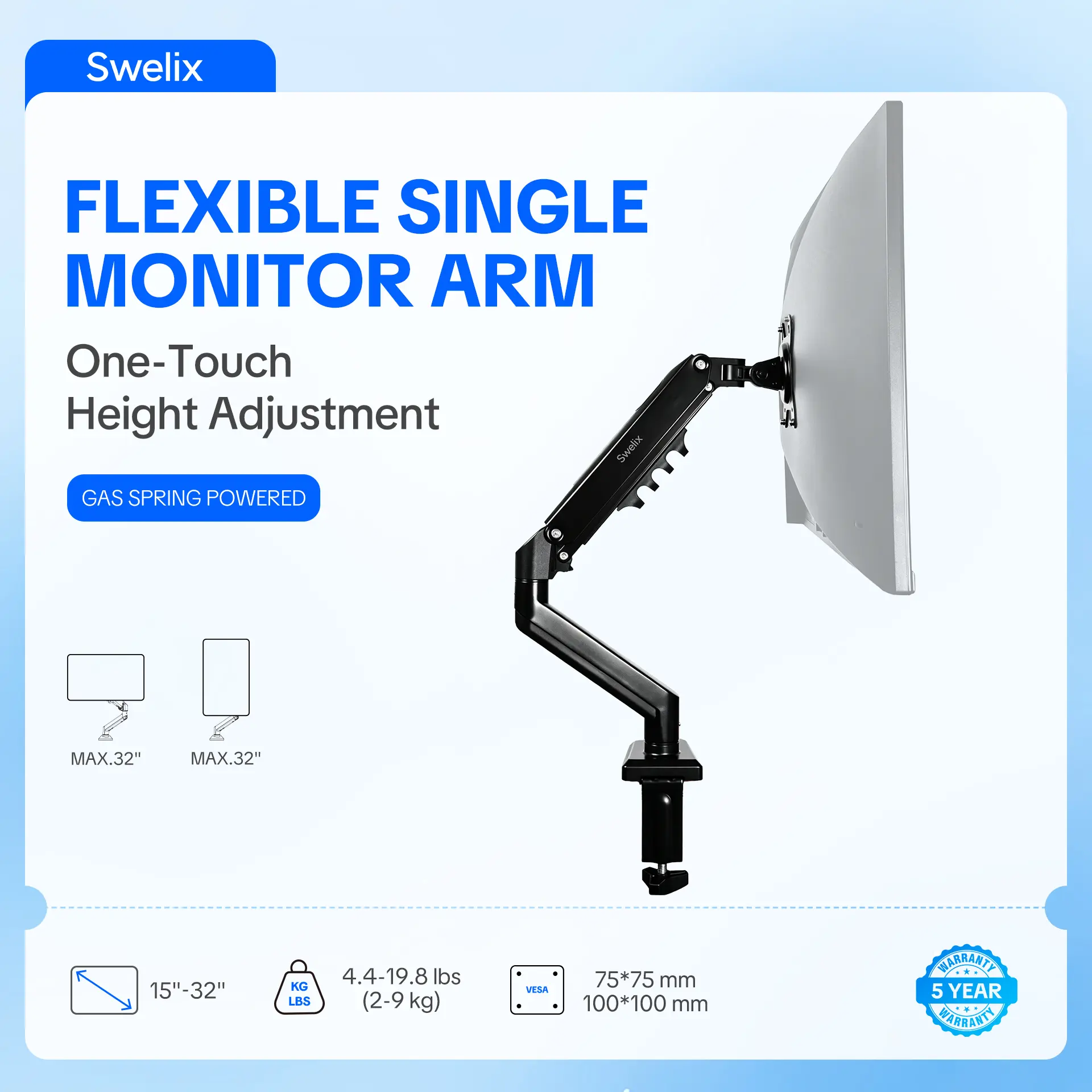 SWELIX Sturdy Single Monitor Arm & Laptop Tabletop Mount, 15-32 in VESA Compatible, 100x100mm Pattern, Quick Release Install, Cable Management, 19.8lbs Max Load, C-Clamp/Grommet Options, Reduces Neck & Shoulder Strain, Cleaner Desk Setup for Gamers