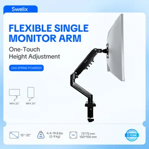 SINGLE MONITOR ARM — Flexible Adjustable Mount for 15-32" Screens, Quick VESA Install, Cable Management, 19.8lbs, 100x100mm VESA,C-Clamp or Grommet Install, Gaming & Office