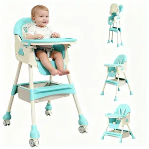4 in 1 Portable Baby High Chair with Wheels, High Chairs for Babies and Toddlers, Easy Clean Rolling Feeding Chair with Locking Wheels, Removable Cushion, Toy & Large Storage Basket aesthetic  high  chair
