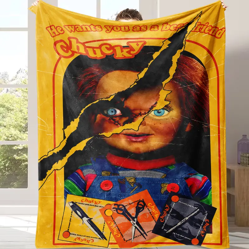 Chucky Retro Toy Packaging Fleece Throw Blanket, Child’s Play Vintage Horror Doll Graphic Plush Blanket, Spooky Halloween Home Decor, Cozy Soft Blanket for Horror Fans Couch Bed Movie Night