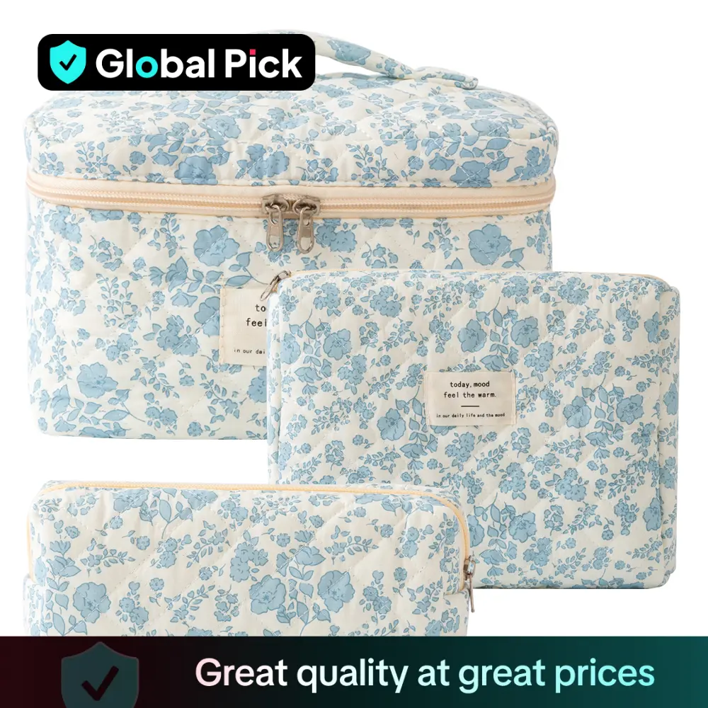 Floral Pattern Quilted Makeup Bag Set, 3 Counts Travel Cosmetic Bags, Portable Zipper Makeup Organizer Pouches, for Skincare, Lotion, Cream, Lip Balm,