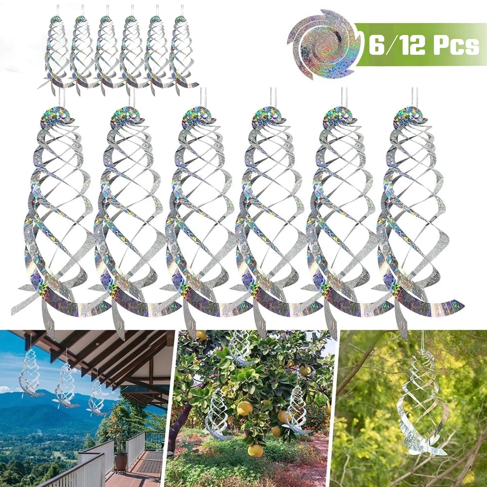 6/12 Pack Bird Scare Repellent Spiral Reflectors Hanging Device 15.8", HOMEYA Reflective Deterrent Garden Decorative Easy Installation & Birds Away Silver