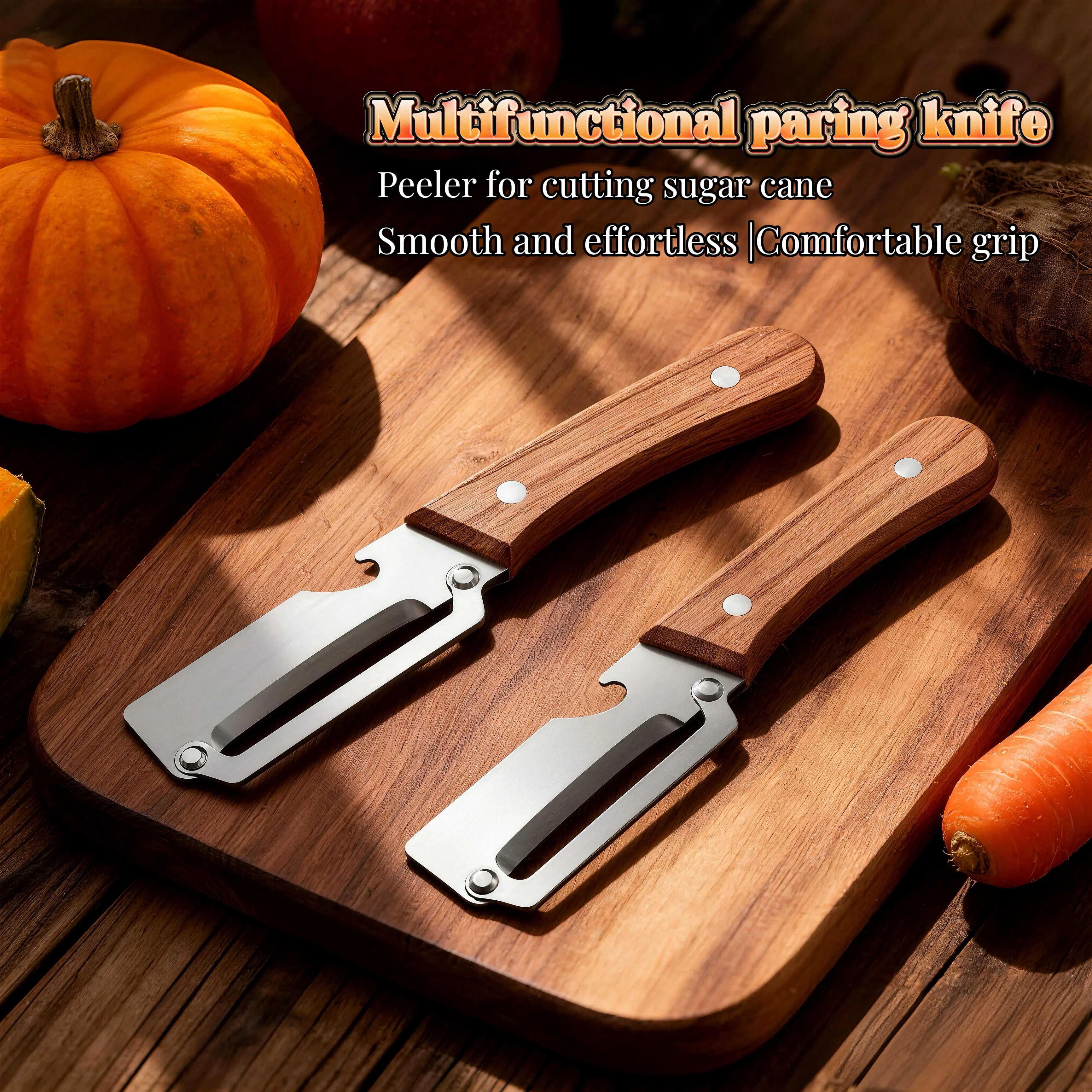 2pcs | Stainless Steel Sharp Peeler with Wooden Non-Slip Ergonomic Handle, Built-In Bottle Opener, Long-Lasting Construction for Fruits & Vegetables, Essential Kitchen Tool