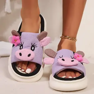 1 pair of cute cartoon cow linen slippers, sweet style open toed indoor shoes,fabric upper for all seasons insoles suitable for outdoor wear,cute purple cow design with 3D plush ears, perfect f Footwear Women Slide Girl Flipflop Kitchen Decor Parent