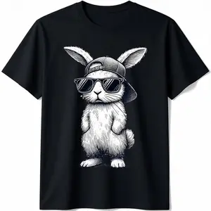 Men's Elegant Casual Cotton Short-Sleeve Round Neck Graphic Tshirt - Bunny Face with Sunglasses Cap Design, Easter Day Streetwear Clothes, Menswear Tops