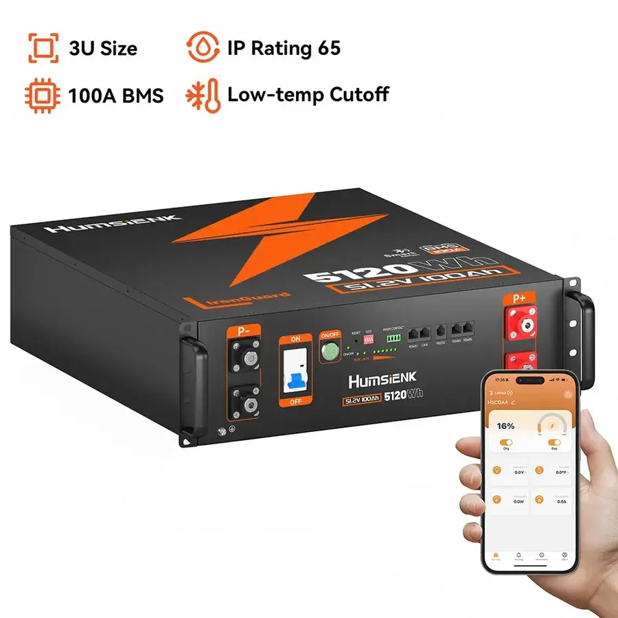 【5kWh Battery】HumsiENK 48V 100Ah LiFePO4 Lithium Battery 3U Server Rack with Active Balancing & BYD Cells, Max 5120Wh & Bluetooth, 100A BMS, 15000+ Deep Cycles for Off-Grid Solar System, Home Energy Storage, Backup