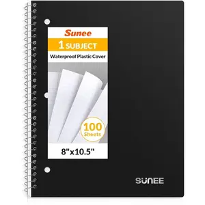 Spiral Notebook, 1-Subject, College Ruled Paper, 8" x 10-1/2", 100 Sheets per Notebook, 3-Hole Punched Paper, Water Resistant Cover, Double-sided Pockets, Spiral Lined Notebooks for Work, Black
