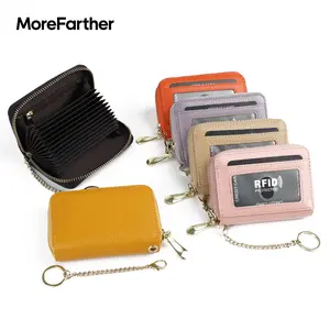 Genuine Leather Mini Compact Purse, RFID Credit Card Holder, Businese Card Case, RFID Blocking Chain Wallet for Women