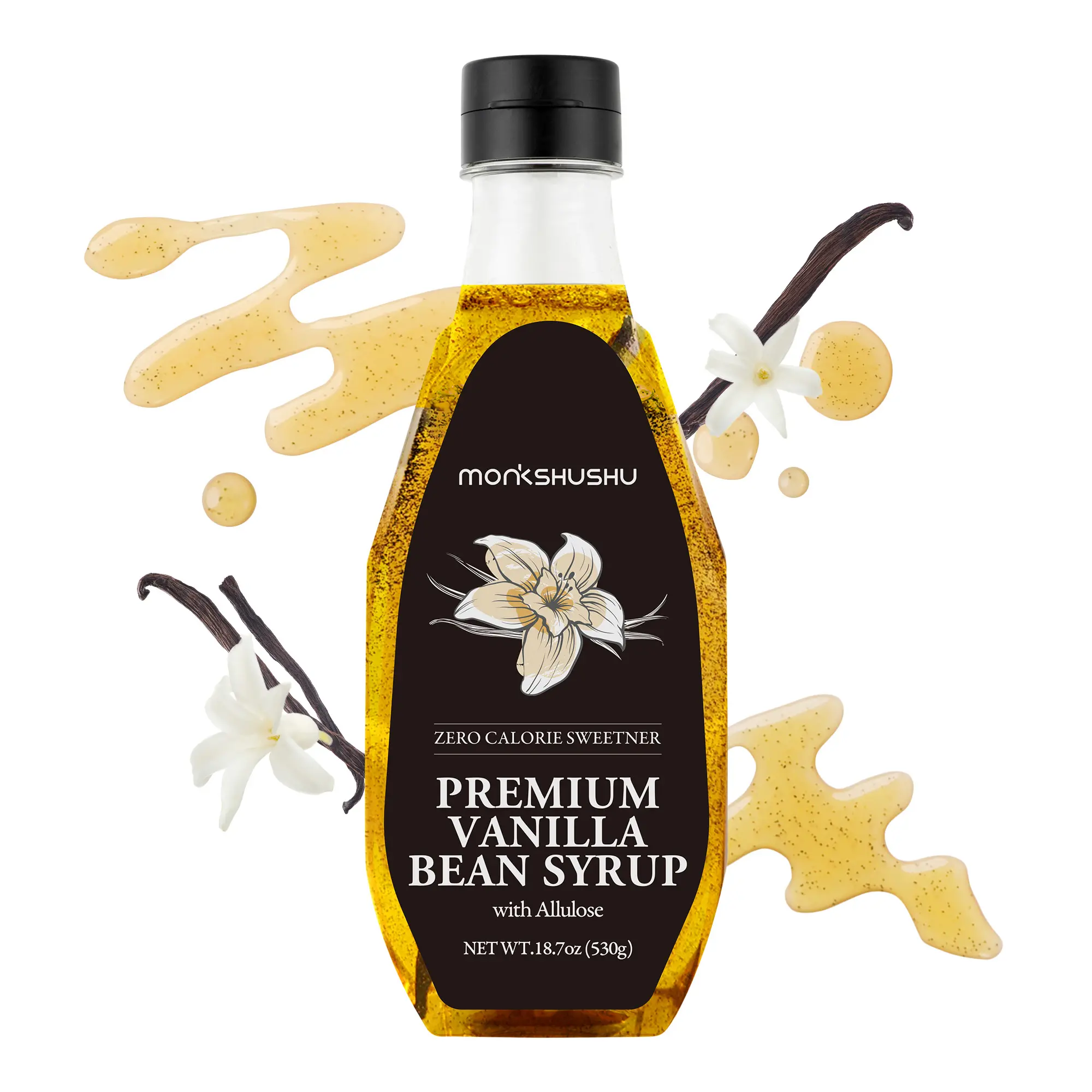 MONKSHUSHU Premium Vanilla Bean Allulose Syrup 18.7 Fl Oz - Liquid Sweetener for coffee and other drinks - Keto Diet, Vegan, Diabetes-Safe - Zero Calorie Sugar Substitute - Gluten Free, 0g Net Carbs