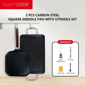 SmartCook 2 PCS Carbon Steel Square Griddle Pan with Utensils Set - Non-Stick Double Burner Skillets, Bakelite Handle, Dishwasher Safe Cookware, 7-Piece Set with Silicone Brush & 12" Tongs