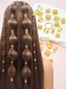50pcs Geometric Hollow Hair Rings, Fan & Diamond Designs, Adjustable Hair Cuffs, Bohemian Flair Hair Jewelry for Men & Women, Dreadlocks & Braids, Hair Accessories