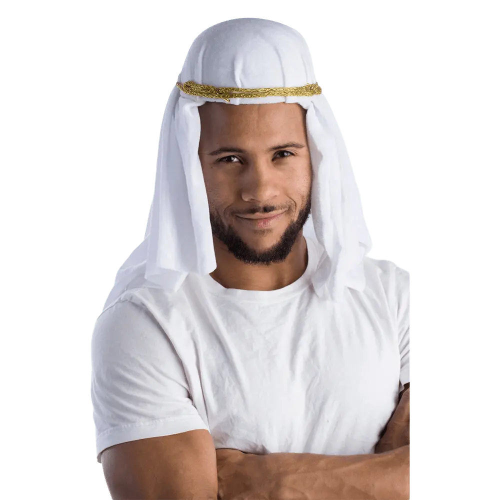 Keffiyeh - Arab Headdress | Traditional White Keffiyeh Costume Headpiece with Gold Band - Middle Eastern Costume Accessory - For Cosplay, Role Play & Fantasy Party
