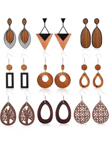 6-9 Pairs Wooden Dangle Earrings for Women, African Style Natural Wood Teardrop Design, Ethnic Statement Lightweight Jewelry Set, Triangle Earrings