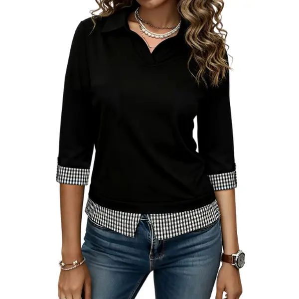 Flamingals Gingham Pattern Split Hem Three Quarter Sleeve 2-In-1 Blouse Flamingals Gingham Pattern Split Hem Three Quarter Sleeve 2-In-1 Blouse