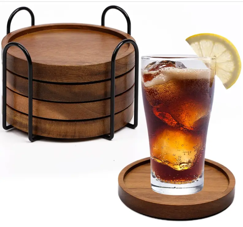 4 Pcs Wood Coasters for Drinks Absorbent, Wooden Coasters with Holder, Drink Coasters for Coffee Table, Absorbent Coaster Set for Table Protection Drink Coasters for Farmhouse, Office, Bar