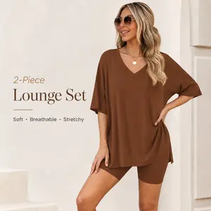 V Neck 2 Piece Sets for Women Summer Lounge Short Set Spring Matching Biker Shorts Oversized Shirt Clothing#Summervibes#SwimWeek