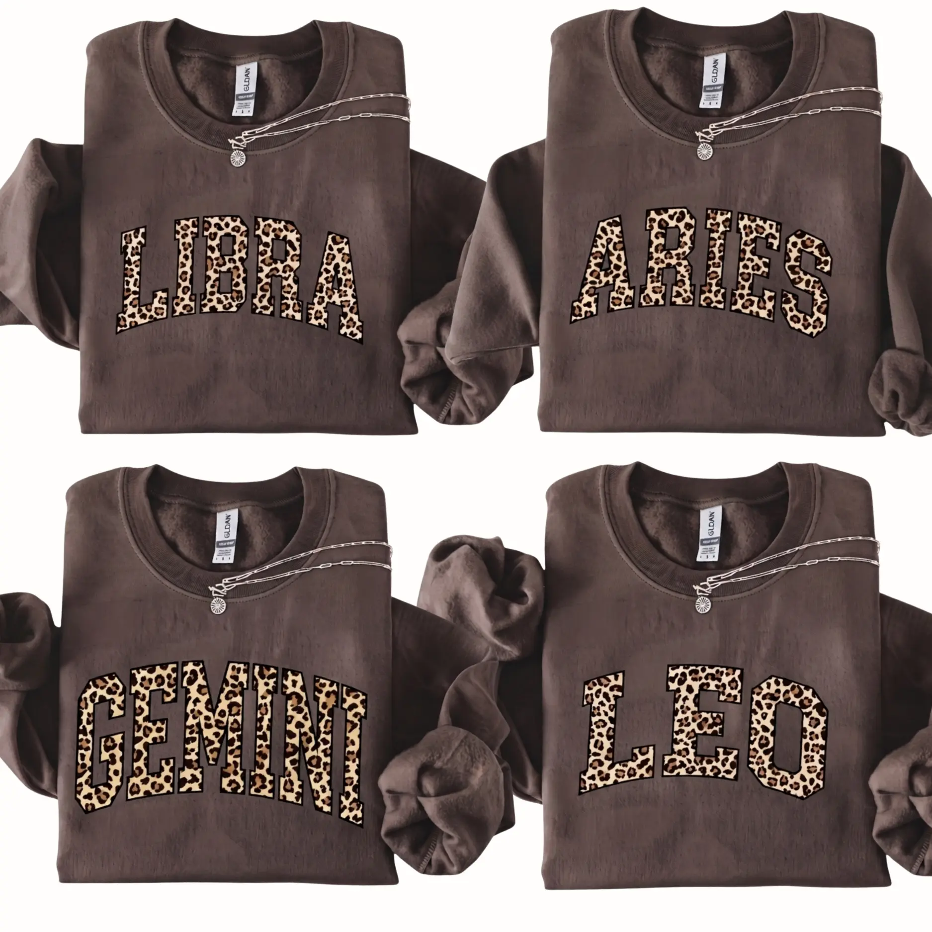 Full 12 Minimalist Zodiac Graphic Sweatshirt – Dark Chocolate Color, Leopard Print Astrology Sign Pullover, Vintage Horoscope Crewneck for Women & Men