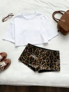 Y2K Style Casual Fitted Crop T-Shirt and Sequin Leopard Print Shorts, Perfect for Parties and Music Festivals