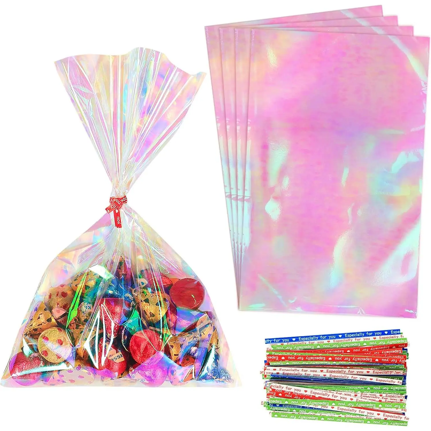 120-Count Iridescent 6x9 in Food-Grade Oriented Polypropylene (OPP) Heat-Sealable Holographic Goody Bags with Ties, Shiny Decor Cellophane Bags for Wedding Candy Party Favors