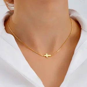 Dainty Sideways Cross Pendant Necklace for Women Adjustable Chain Minimalist Faith Religious Gift Box Packaging