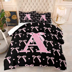 Black Pink Bow Personalized Initial Comforter Set,Including 1 Quilt and 1 or 2 Pillowcases Without Pillows,Suitable as Fashionable Bedding Set for Family or Friends,Soft and Warm Bedroom Decoration