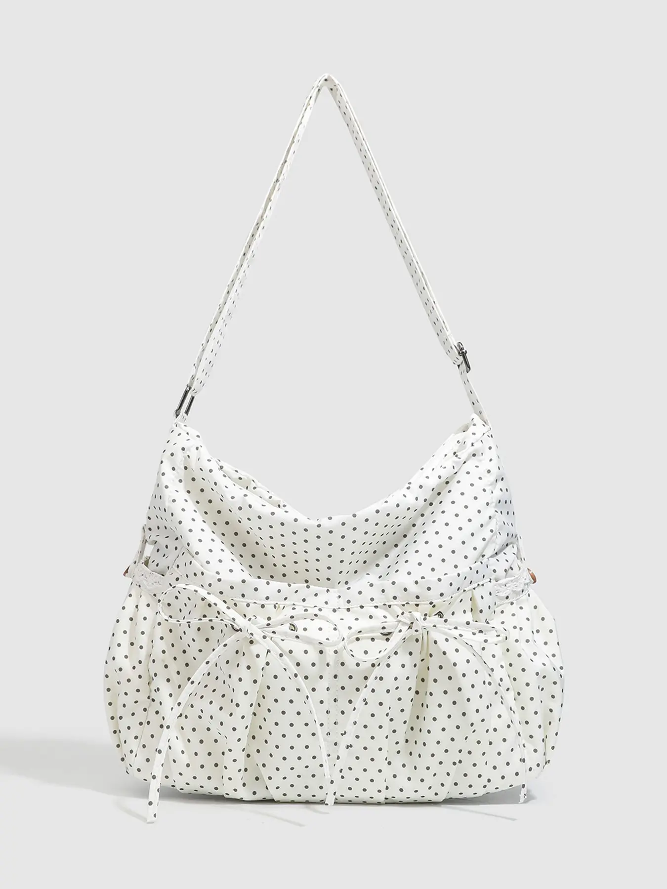 Fresh wave tote bag, pleated bag type, double bow decoration, adjustable shoulder strap, Crossbody Tote Bag, beige background with black polka dots, gentle and healing feeling, preferred accessory for daily travel and school, Crossbody Bags