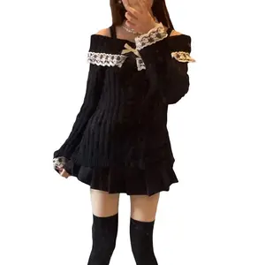 Women’s Cold Shoulder Long Sleeve Contrasting Lace Knit Hooded Sweater Top with Front Bow GARMENTARY