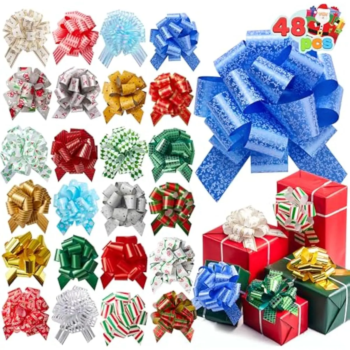 JOYIN 48 PCS Christmas Pull Bows with Ribbon 5 Wide for Gift Wrapping & Gift Tags, Boxing Day Decorations, Holiday Décor Present Wrapping