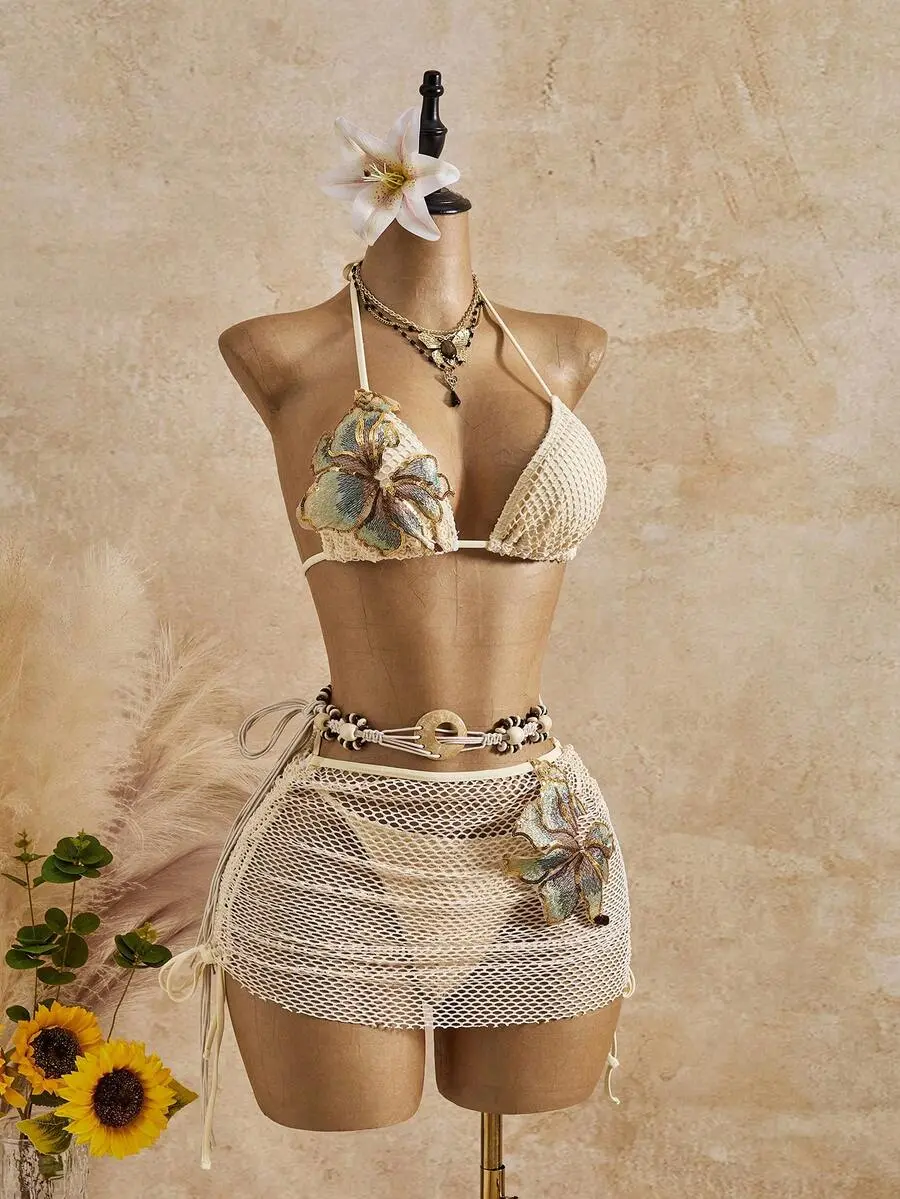 Trendy Women's 3-Piece Crochet Bikini Set with Floral Applique, Sexy Halter Triangle Swimsuit & Mesh Cover Up Skirt, Boho Summer Vacation Beach Outfit