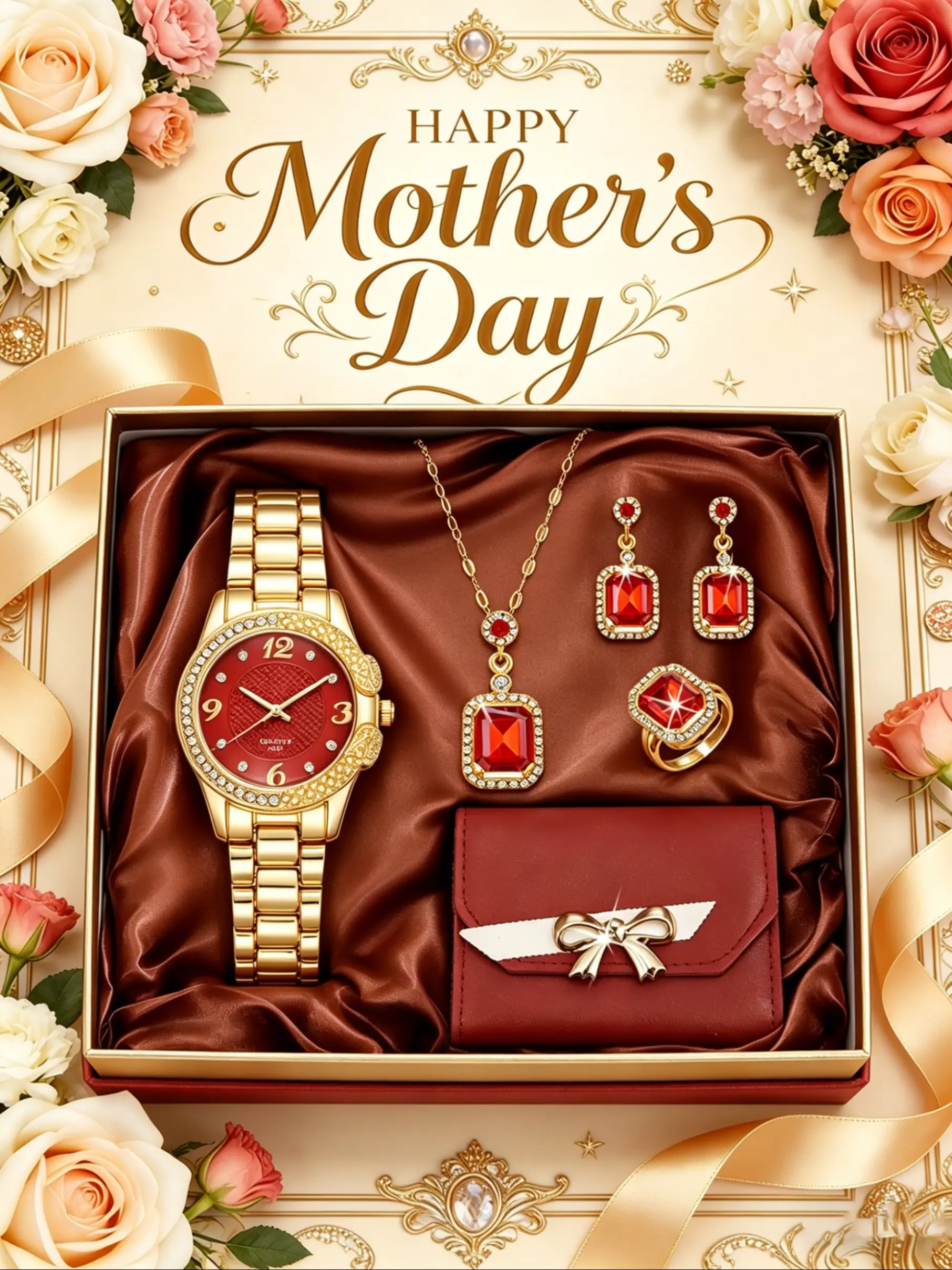 6pcs Mother's Day Gift Set, Luxury Gold Jewelry Sets Watch Box, Watch Necklace Bracelet Earrings Wallet, Practical Gift for Mom