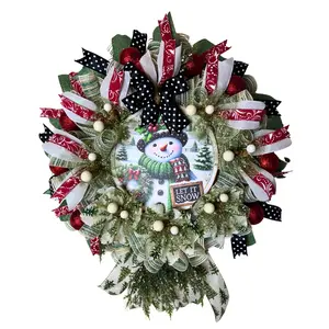 Snowman Christmas Wreath Let It Snow Sign, Red Green White Holiday Door Decor, Winter Front Door Wreath, Snowman Ribbon Wreath