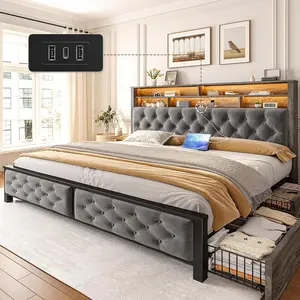 Raybee Luxury Bed Frame with 4 Storage Drawers & Headboard, Velvet Full Queen King Size Uphostered Platform Led Bed Frame with Charging Station,Wooden Slats, Noise-Free, Modern Soft Bed Frames Bedroom Furniture