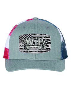 Christian Trucker Hat “Work in Progress” Philippians 1:6 | American Flag Hat | Faith-Based Patriotic Cap | God’s Building Billy Merch
