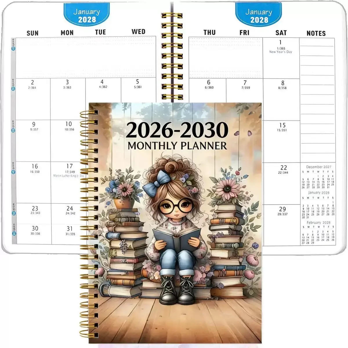 2026-2030 monthly calendar, Monthly Planner, 5-year calendar, cover design with the theme of mother-daughter reading together, annual calendar plan, month labels, 5.5*8.3 inches, the gift for a daughter, Student Planner