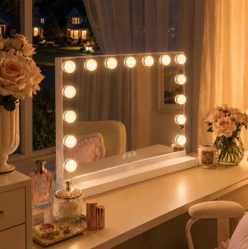 Hoodink Vanity Mirror with Lights, 23" x 18" Hollywood Mirror, Light Up Makeup Mirror with 15 LED Bulbs for Bedroom Desk, 3 Color Lighting Modes, Tabletop & Wall Mount, USB Charging Port,Gifts for Women Wife Teengirls White,dorm essentials,home decor